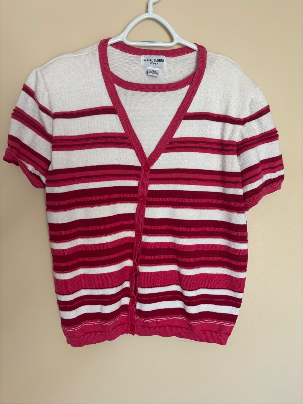Alfred Dunner Raspberry & White Striped Kids Button-Up Cardigan